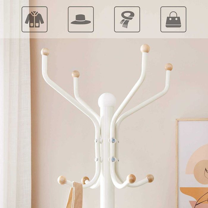 Cabide de pé alto lacado, cabide metálico 12 ganchos, 182 cm, branco