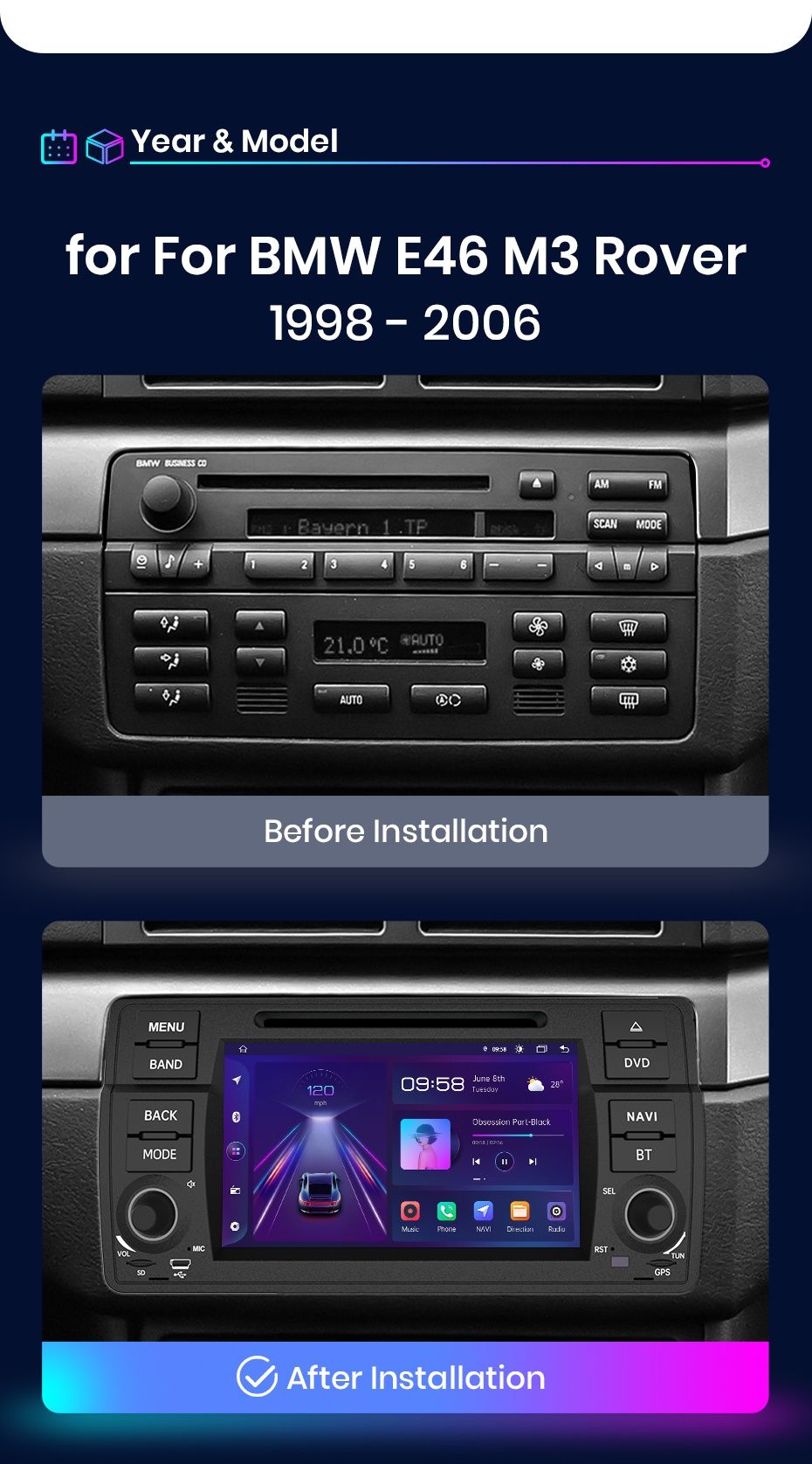 Rádio 7" BMW E46 Rover 75 MG Zt Android Auto Carplay GPS WiFi 2/32GB