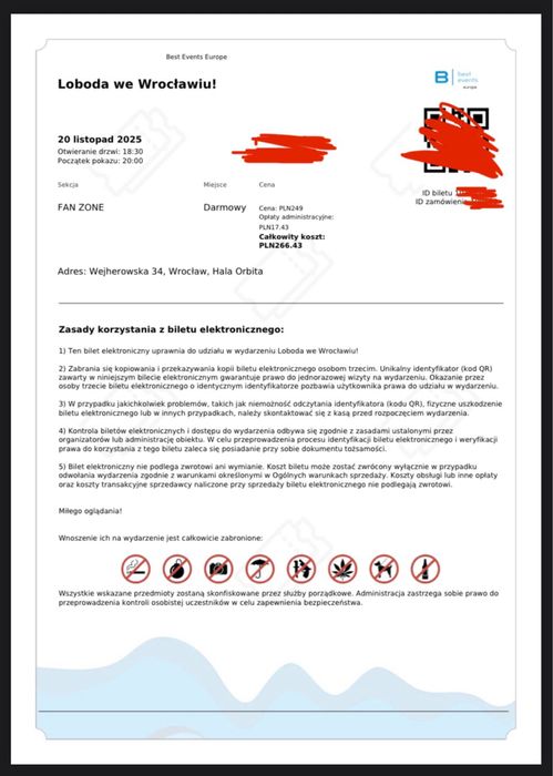 Билет на концерт лабоди в Вроцлаве