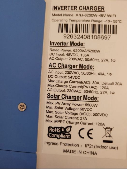 Гібридний інвертор, гибридный инвертор з вбудованим Wi-Fi  ANENJI 6,2