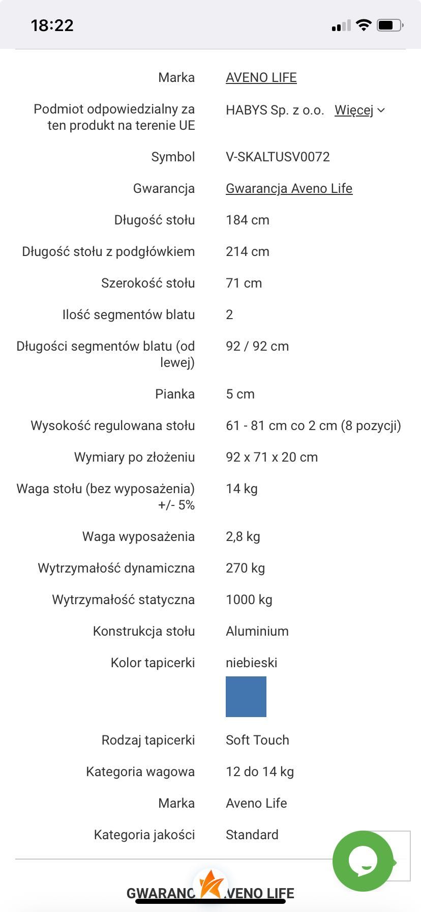 Stół do masażu Altus 71 cm - niebieski
