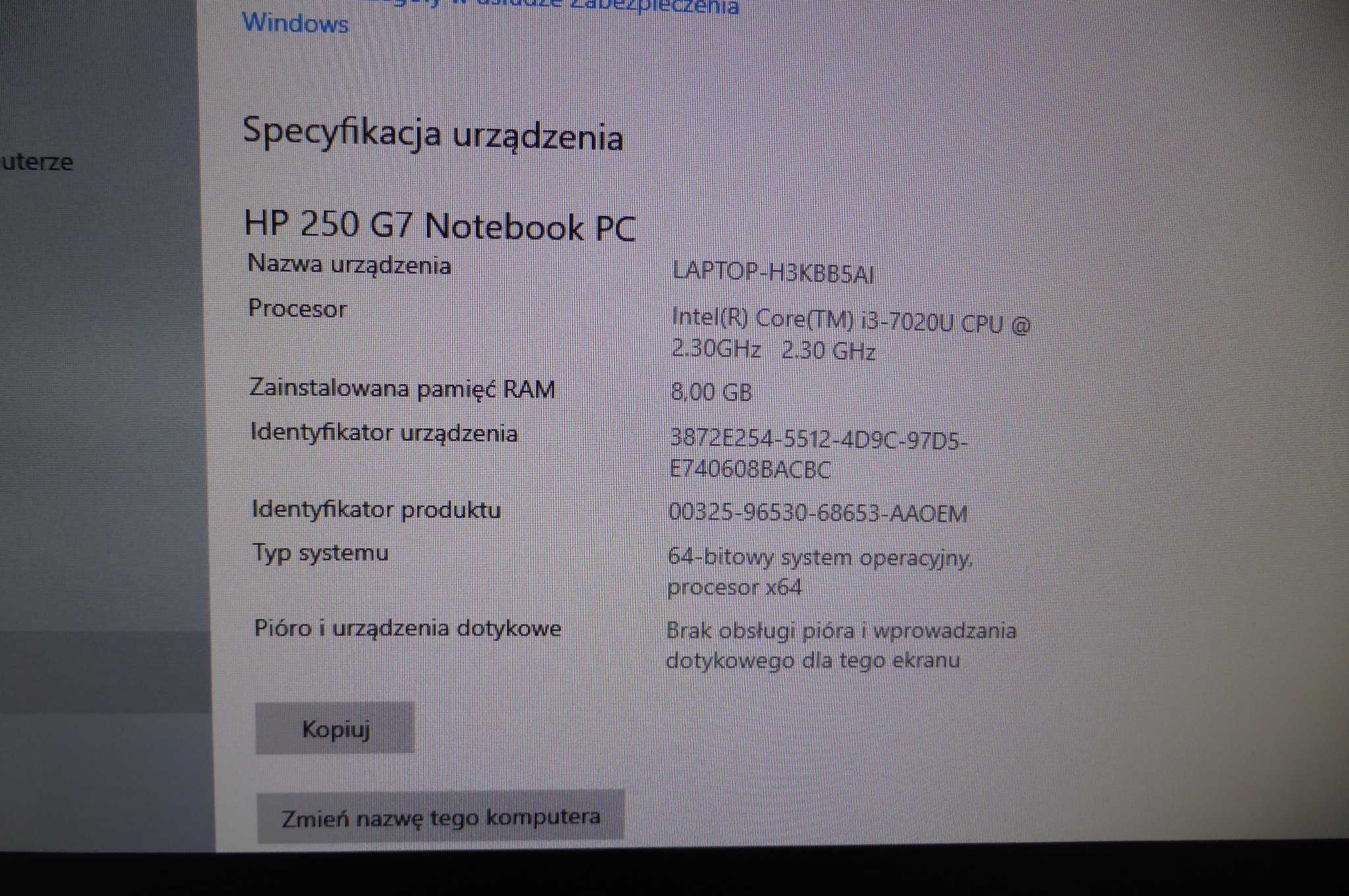 Laptop HP 250 G7 Intel Core i3 7020U 15,6" full HD Win 10