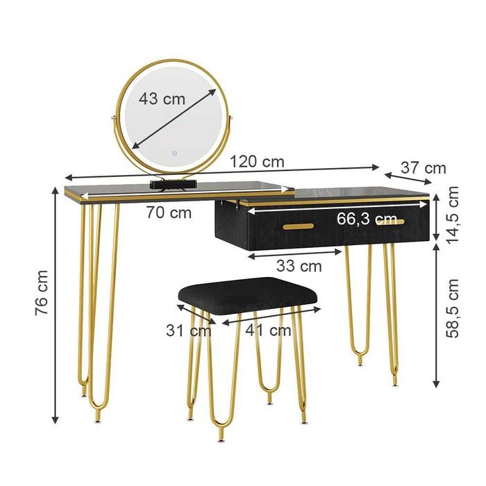 Toaletka CZARNA Vicco 120cm z Lustrem LED i Taboretem Toaletka Glamour