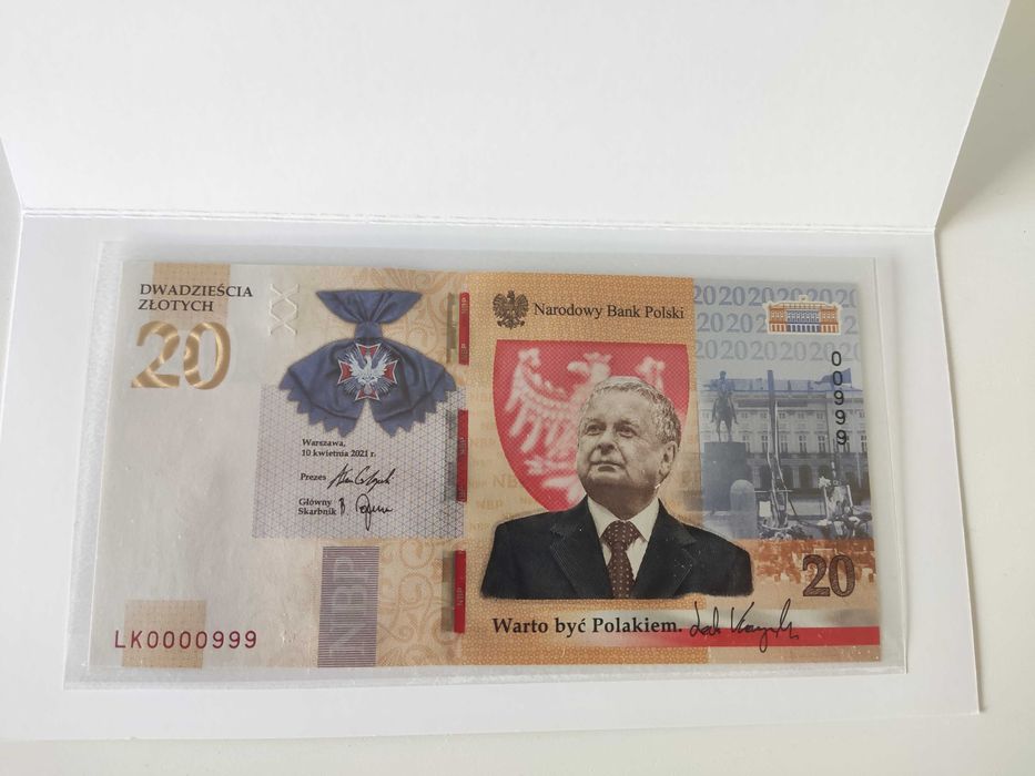 999 20 zł Lech Kaczyński warto być Polakiem banknot niski numer 999