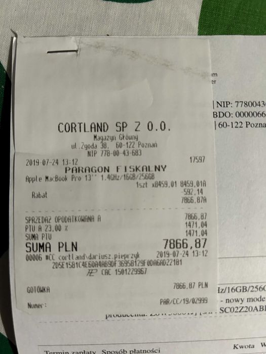 MacBook Pro 13”,  Intel Core i5 1.4 GHz, RAM: 16 GB, Dysk SSD: 256 GB