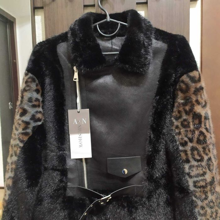 Пуховик дубленка шубка еко норка з леопардовими вставками р. S