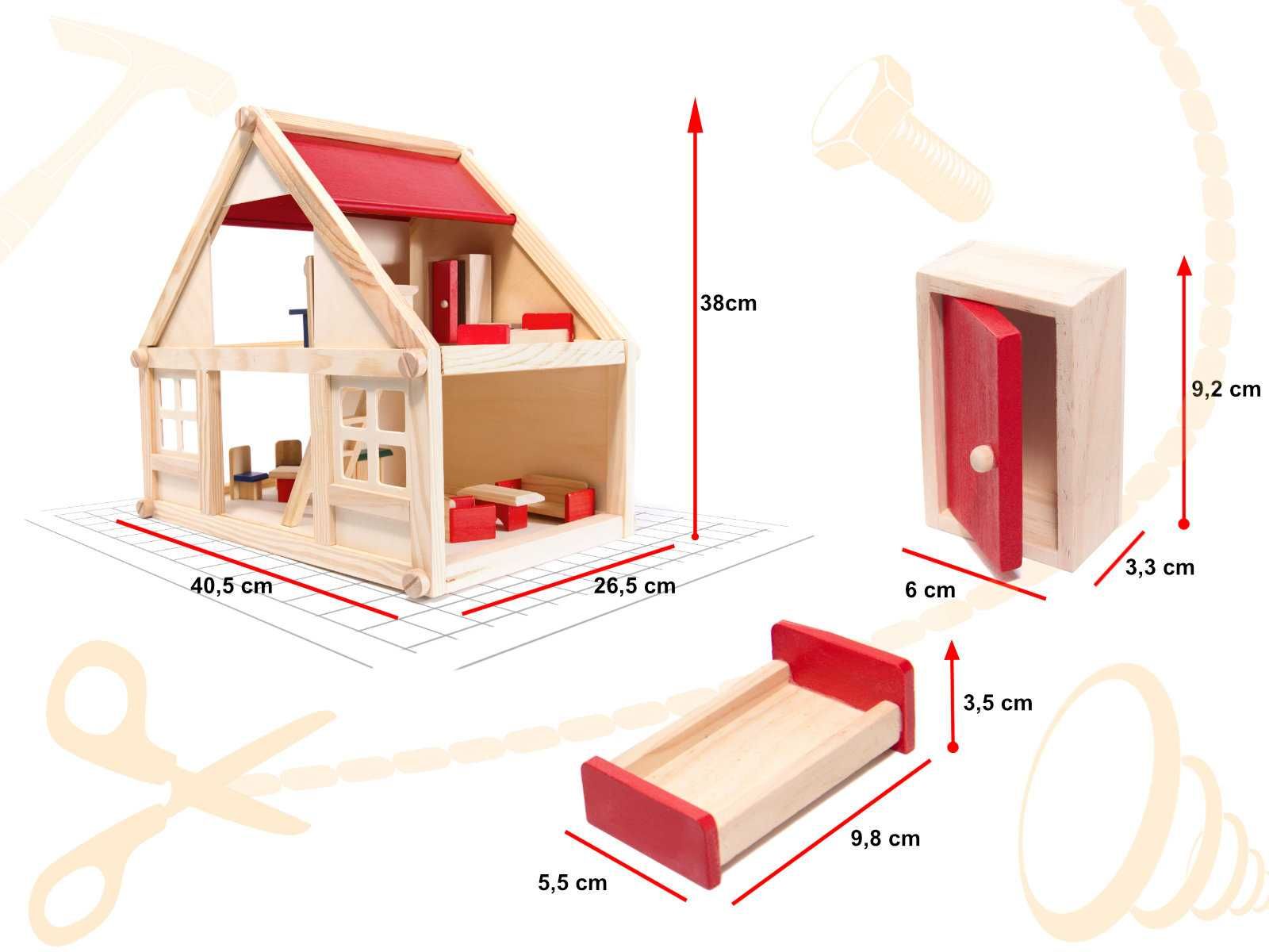 Domek dla lalek drewniany z akcesoriami Montessori 40cm