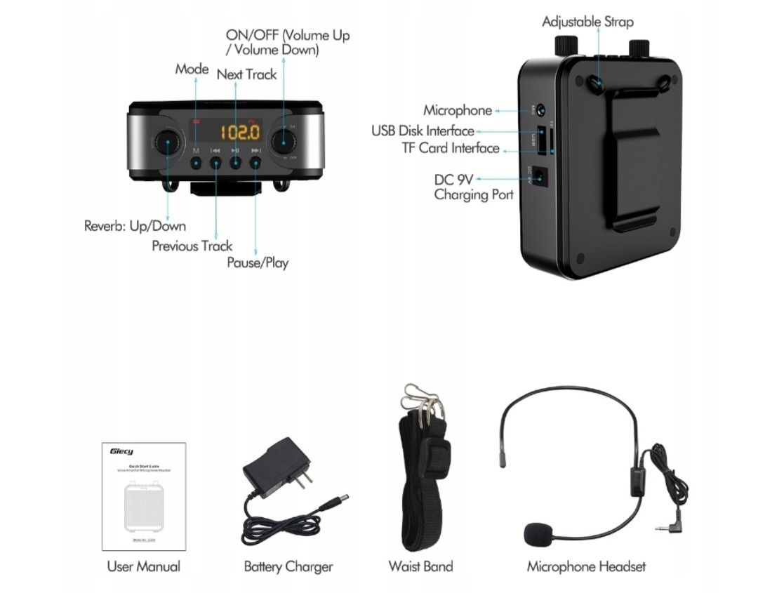 Wzmacniacz Głosu Giecy G300 30W Bluetooth  Mikrofon Headset
