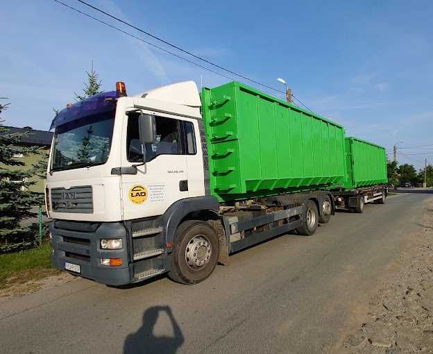 Transport kontenerami hakowymi, zręby, trociny, biomasa, pellet.