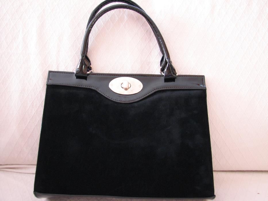 Elegancka czarna damska torebka lakier + zamsz łączenie