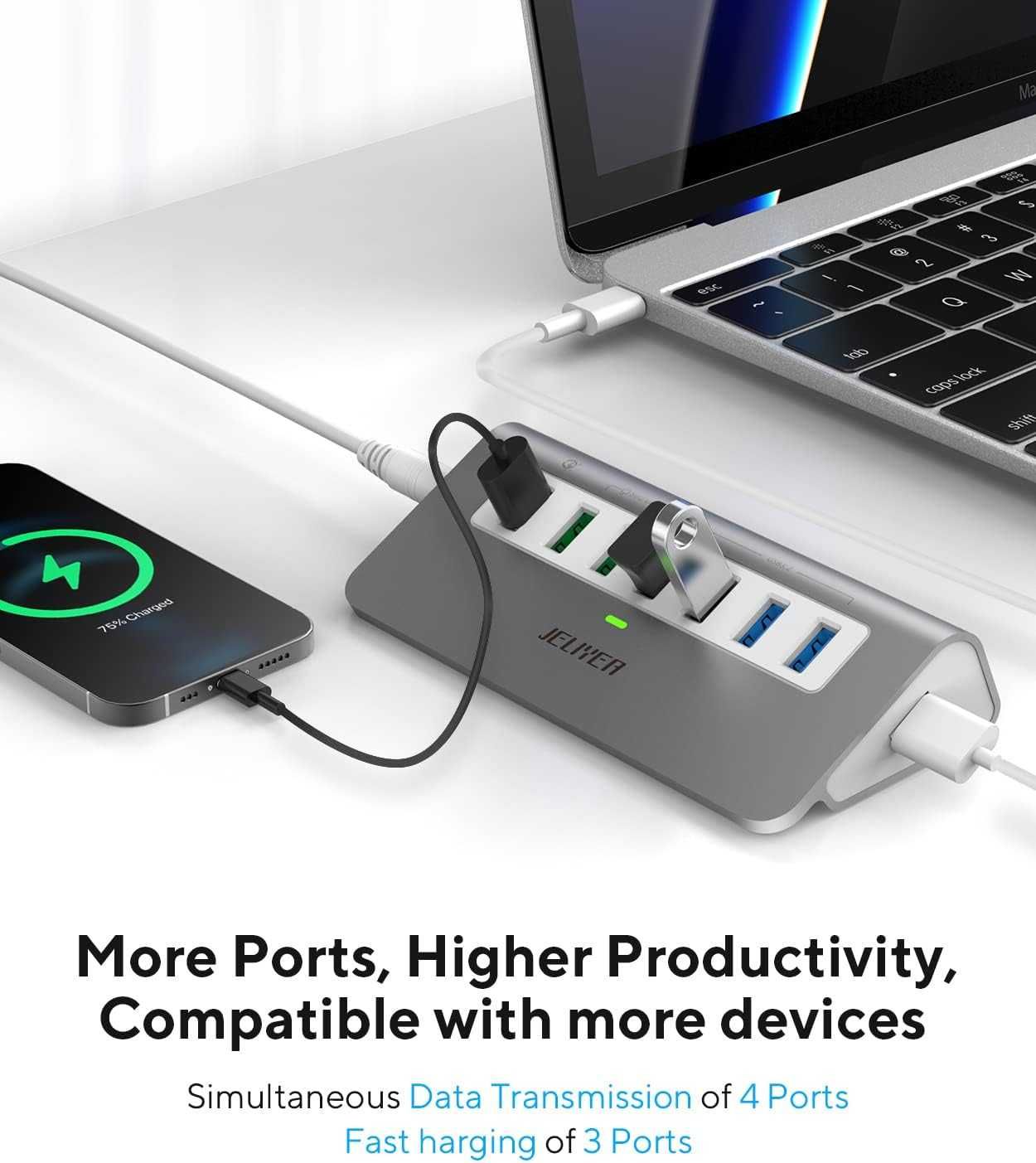 Zasilany hub USB 3.2 10 Gb/s, 7 portów ładowarka