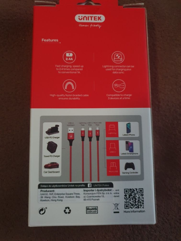 Kabel USB 3w1 Lightning, micro USB, USB-C 1,2m