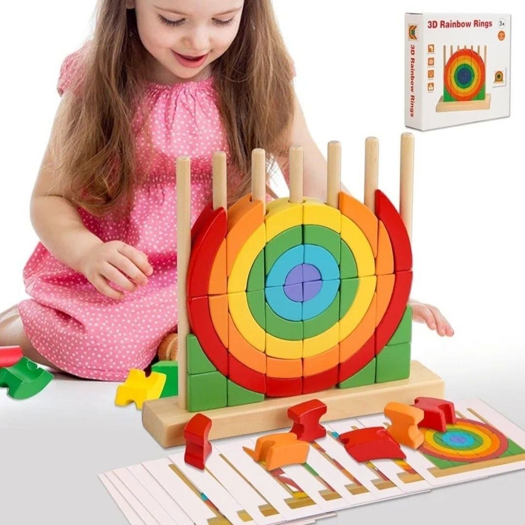 Drewniane puzzle 3D tęczowe pierścienie 7 trzpieni VORHOT