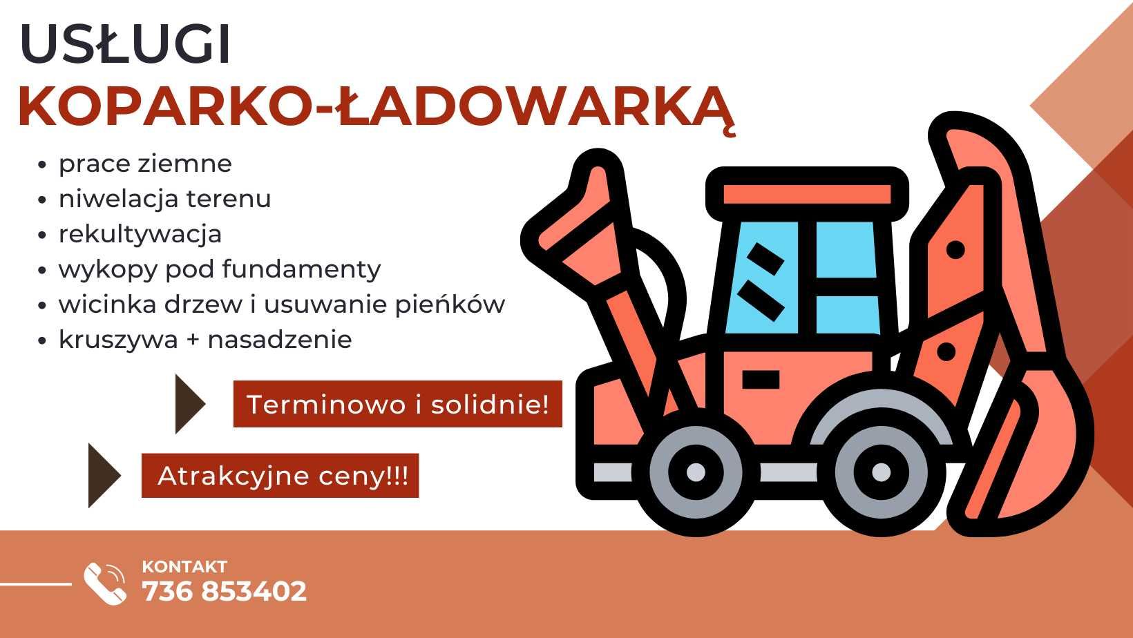 Usługi koparko-ładowarką, wykopy, prace ziemne, ogrodnicze, niwelacja