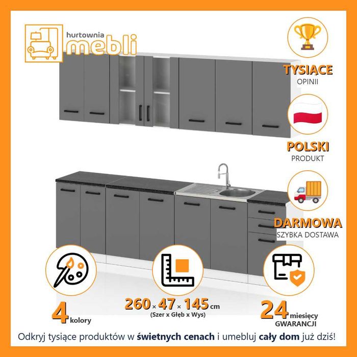 Zestaw Mebli Kuchennych Modułowy 2.6m Jowita Kuchnia Nowoczesna Szara