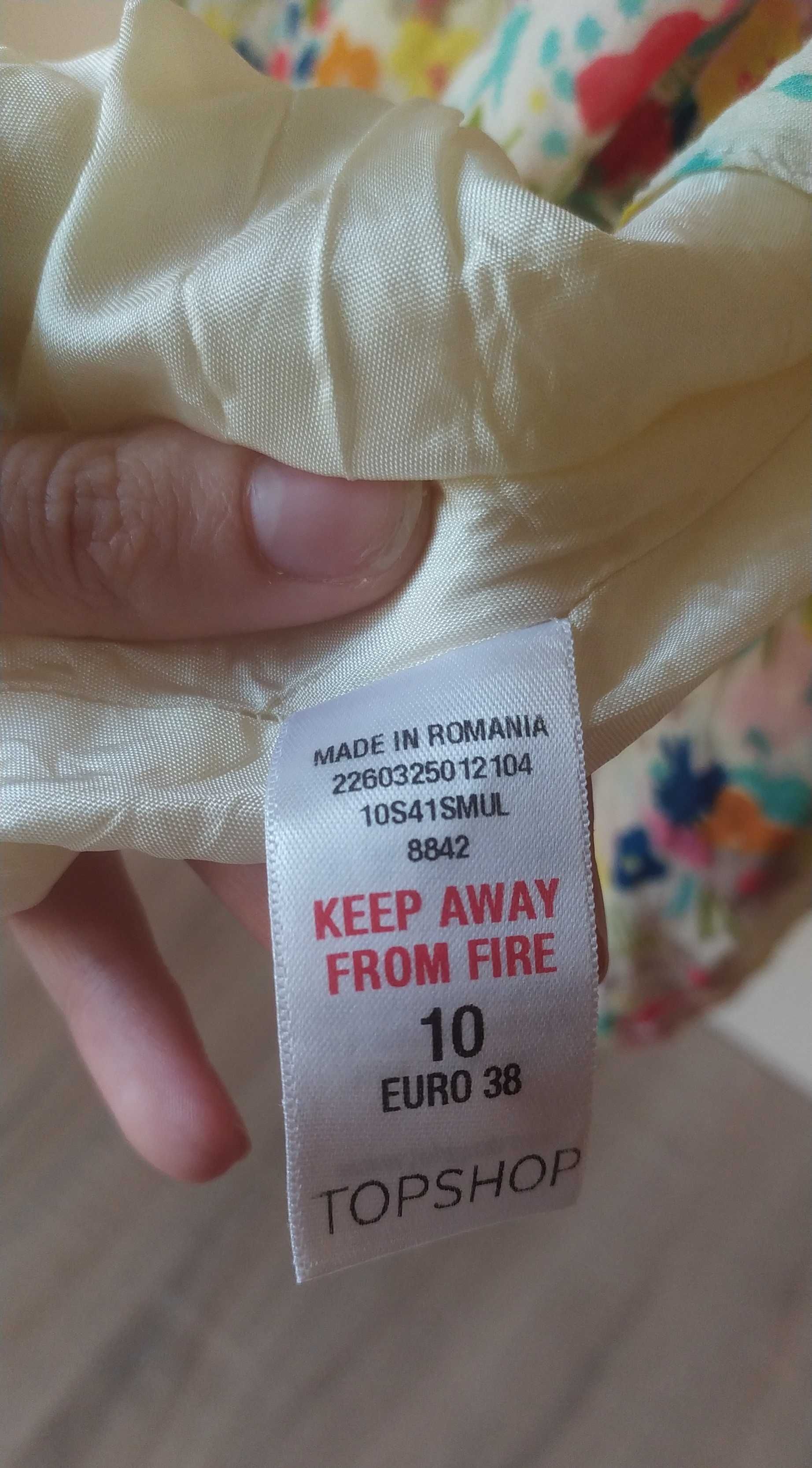 Kolorowa bawełniana sukienka w kwiaty z falbanami, Topshop, rozmiar M