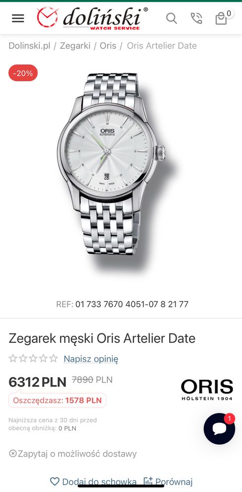 Oris Artelier Date pelny zestaw z dokumentacją