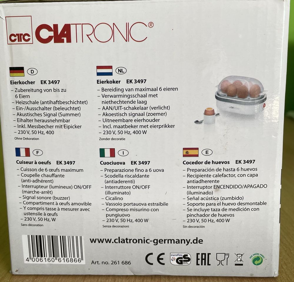 Jajowar Clatronic EK 3497 gotowanie do 6 jajek, nowy