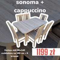 Stół 80x140/180 + 6 krzeseł, sonoma + cappuccino, dostawa cała POLSKA