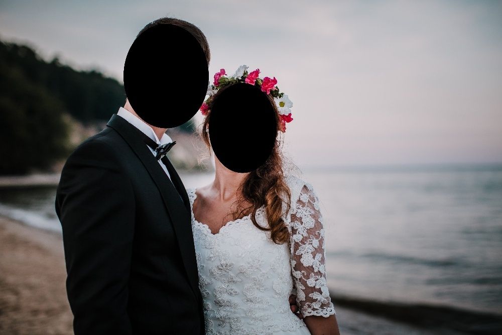 SUKNIA ŚLUBNA z koronki i muślinu, rozm. 36/38