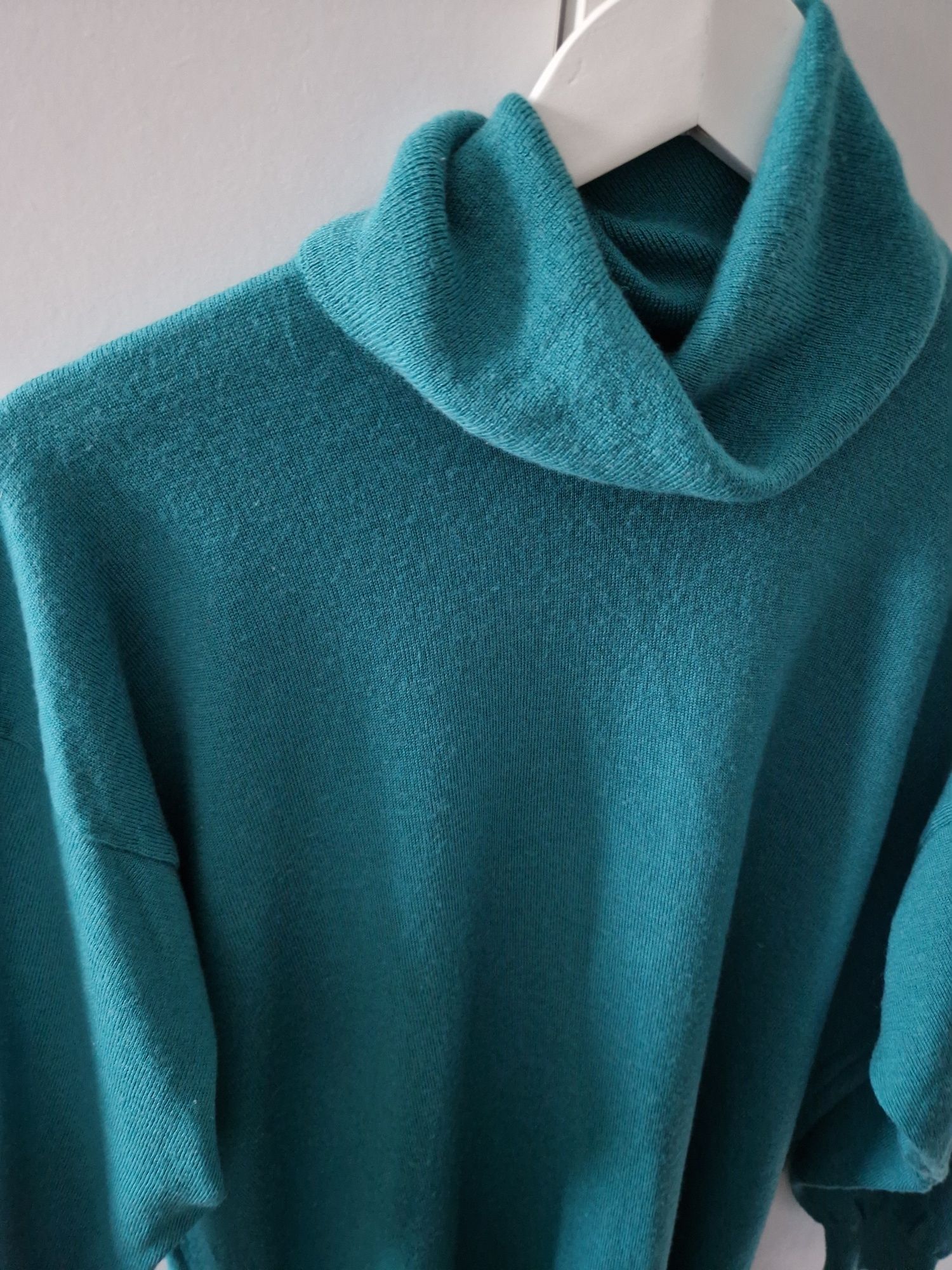 Miękki turkusowy sweter z 100% wełny dziewiczej, L/XL, klasyczny, casu