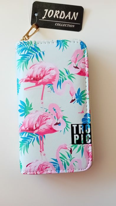 Nowy! Kolorowy Śliczny portfel we flamingi