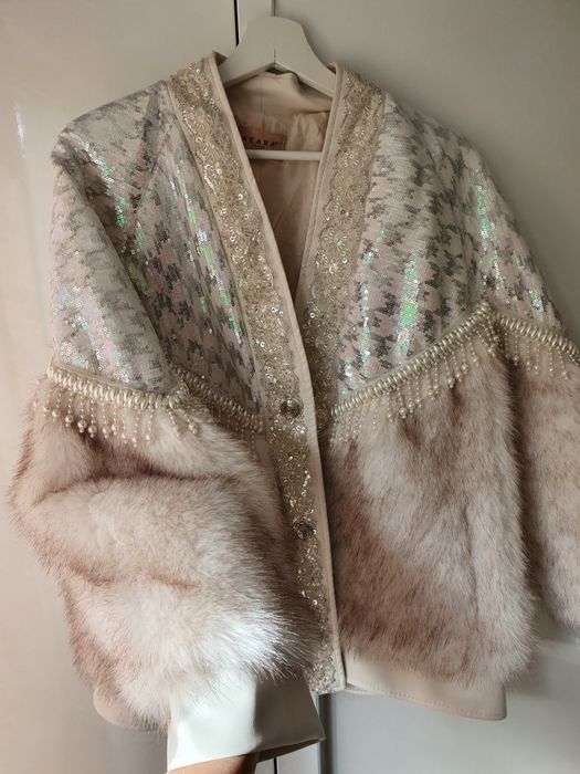 Eko futerko futro bomberka beżowa premium kamienie