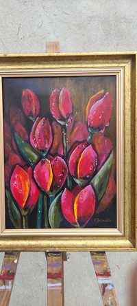 Obraz ręcznie na prezent Czerwone tulipany z rosą Bączkowska