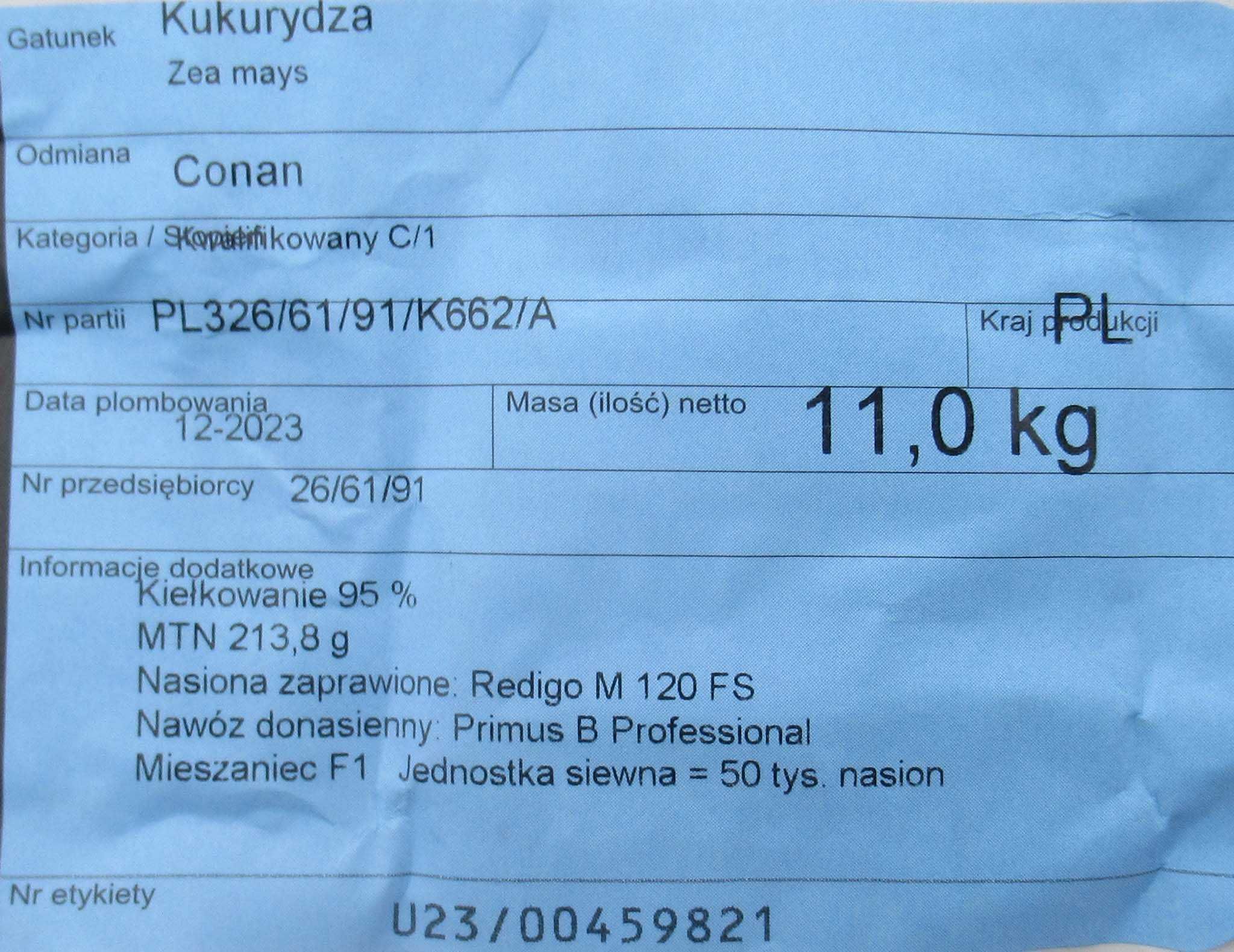 KUKURYDZA materiał siewny SULANO conan piaff C1 j.s.