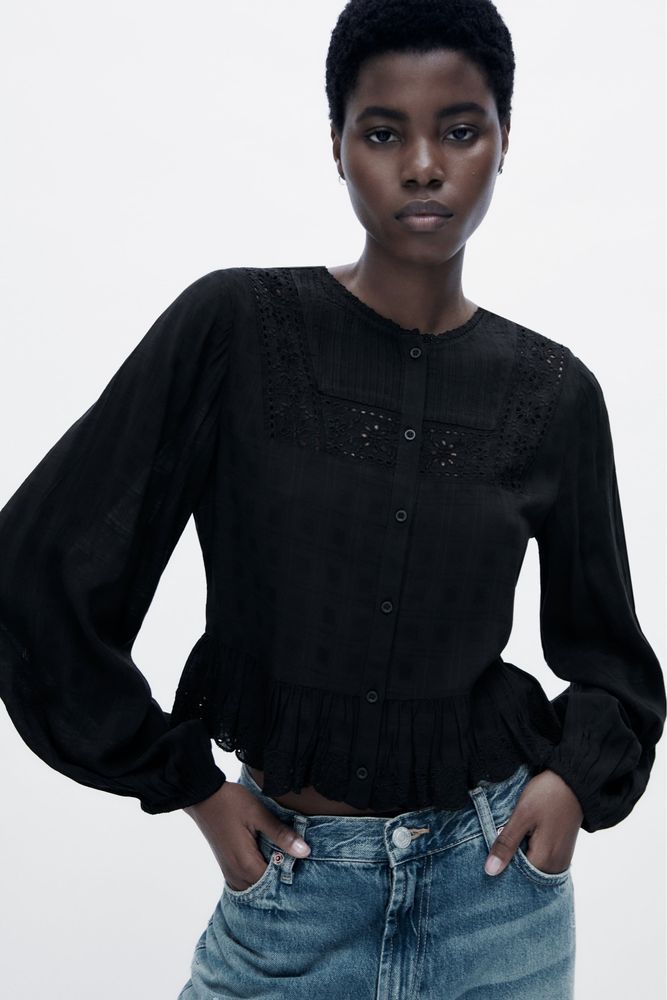 ZARA літня блуза чорна віскозна легка з прошви летняя блузка прошва S