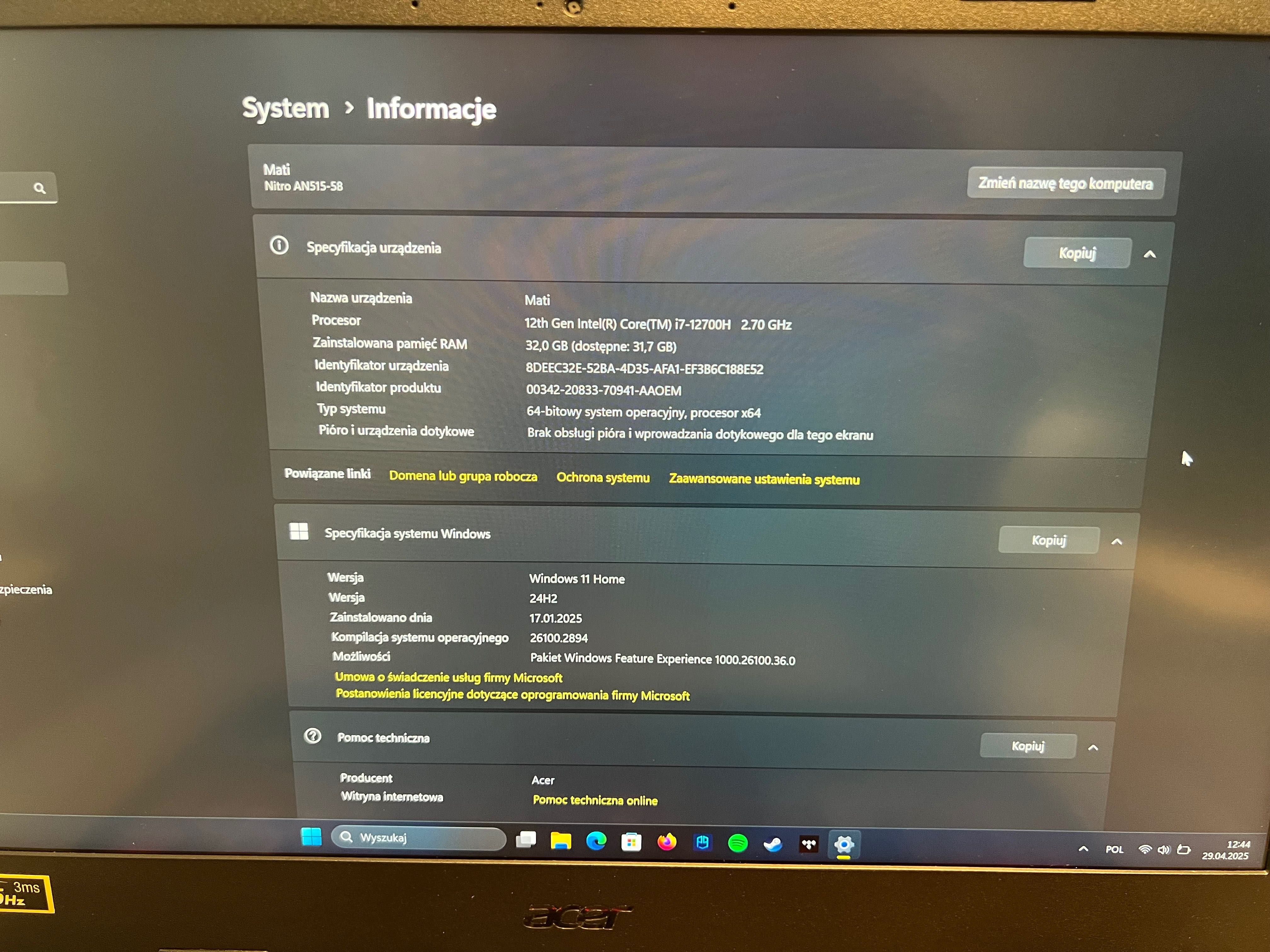 Acer Nitro 5 3070 Ti/i7-12700H/32GB/1TB/1440p 165Hz 15.6”