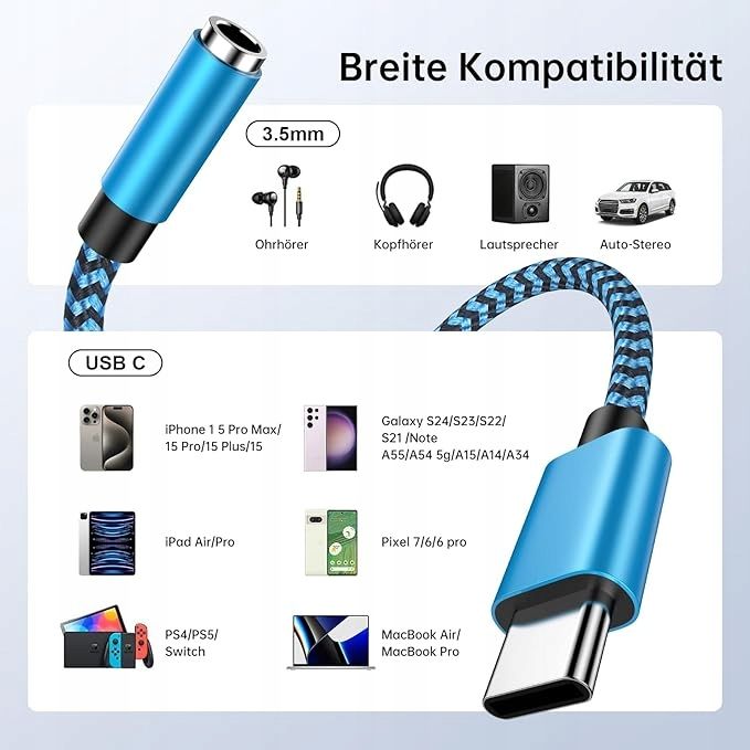 Adapter przejściówka USB C na jack do gniazda słuchawkowego 3,5  20cm