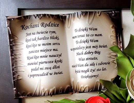 piękne podziękowanie dla rodziców - obraz z dedykacją i kwiatami