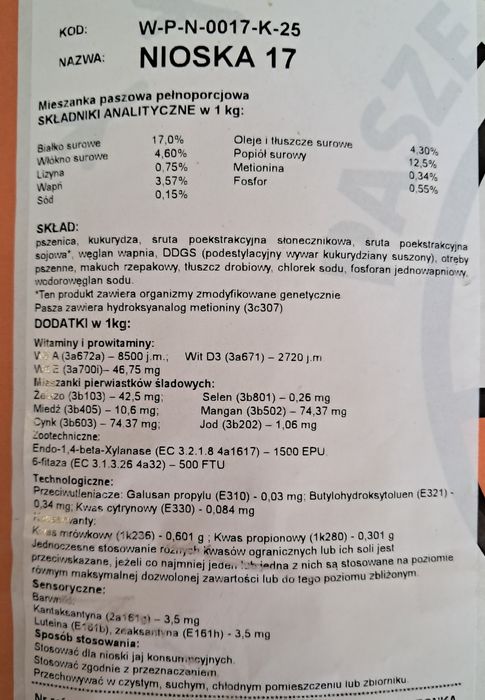 Pasza dla kur niosek 25kg