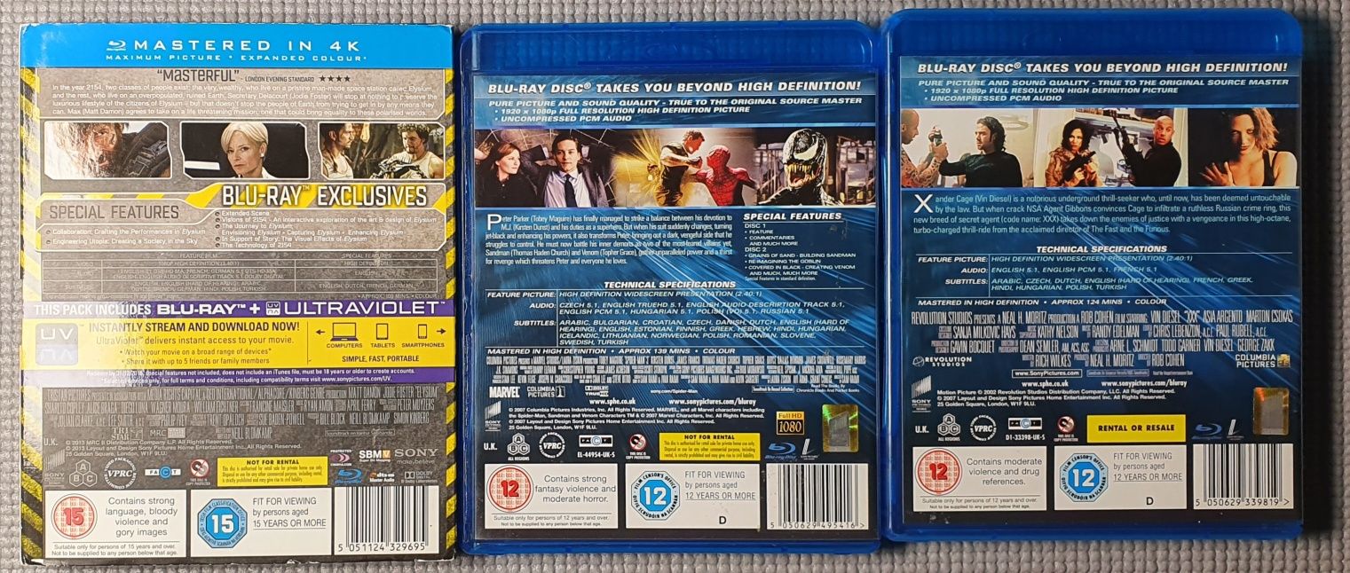 Zestaw 3 filmów Blu-ray "Elizjum" "Spider-man 3" "xXx" lektor I napisy