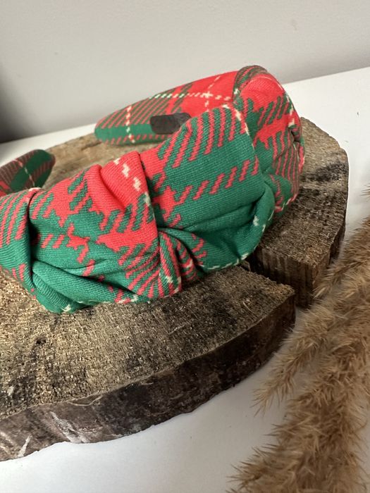 Marszczona opaska do wlosow swiateczna krata elegancka rozm uniwers.