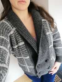 Szary wełniany sweter 100% wełna pure wool M L gruby irlandzki guziki