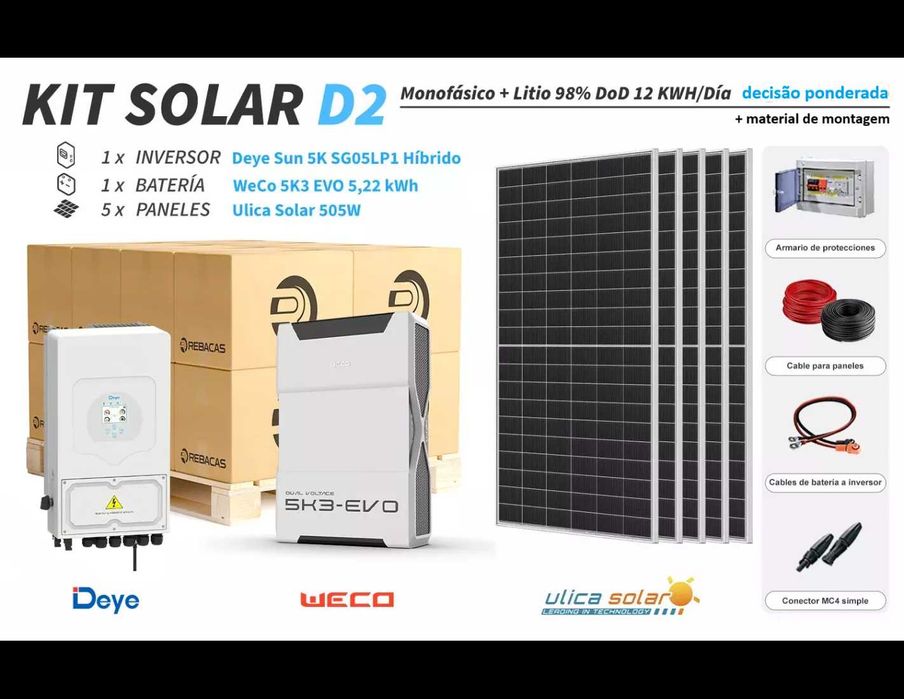 Kit de lítio Deye D2 de 12 kWh/dia com bateria WeCo de 5,22 kWh