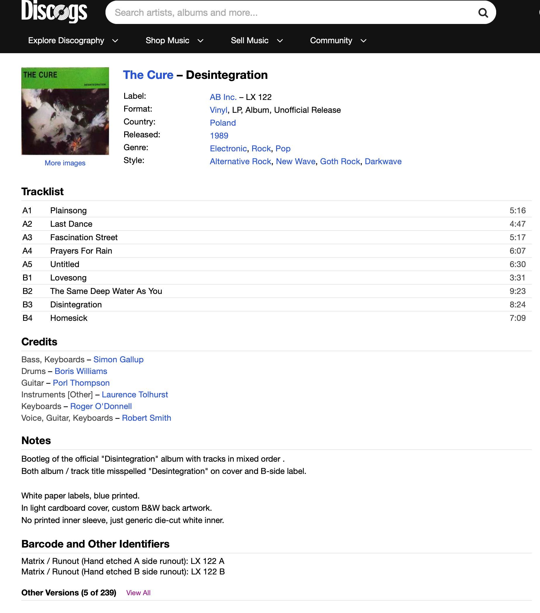 The Cure – Desintegration Disintegration Winyl 1989 Polska