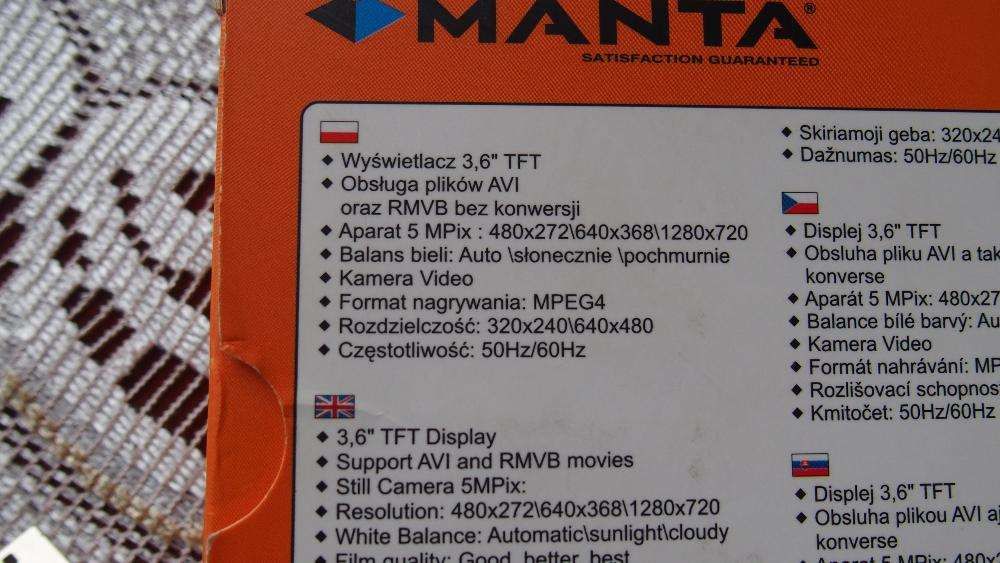 Manta MM264 Player, AVI, Game, 4GB, MP3, 5Mpix, 3.6" mp5 Zestaw