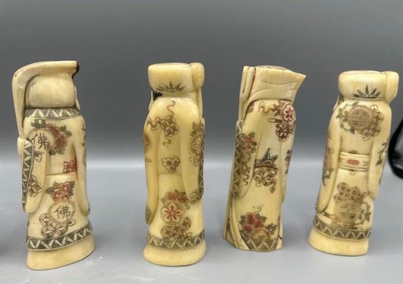 Raro conjunto esculturas sete imortais em osso