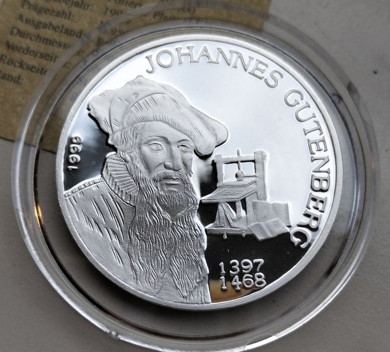 Benin 1000 Franków 1999 r J. Gutenberg srebro 999