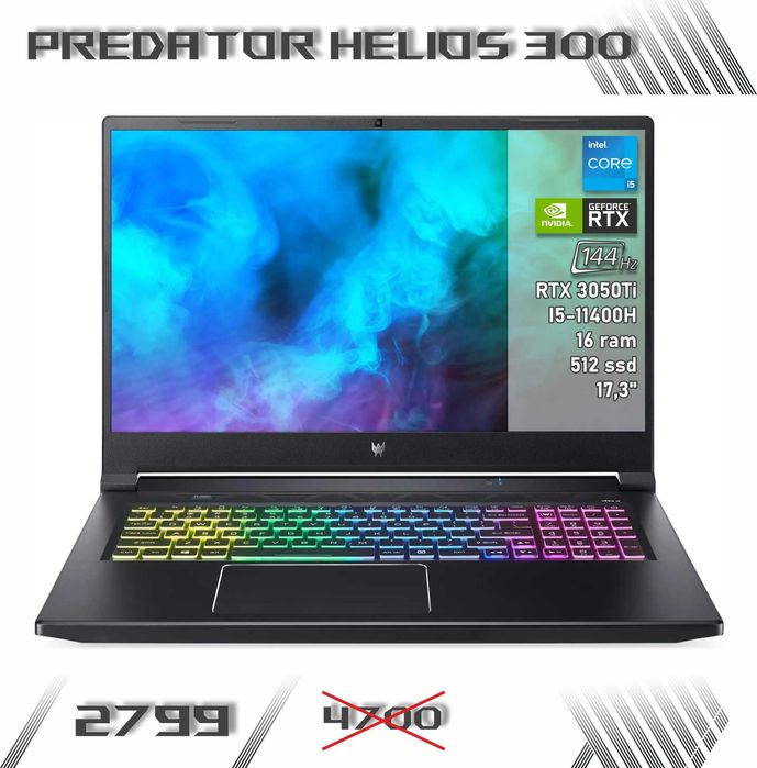 LAPTOP GAMINGOWY Acer Predator RTX 3050 i5-11400H 144hz 17,3 cali