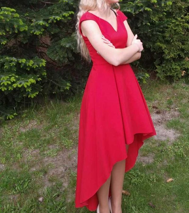 Zjawiskowa czerwona suknia sukienka długa krótka tren 18