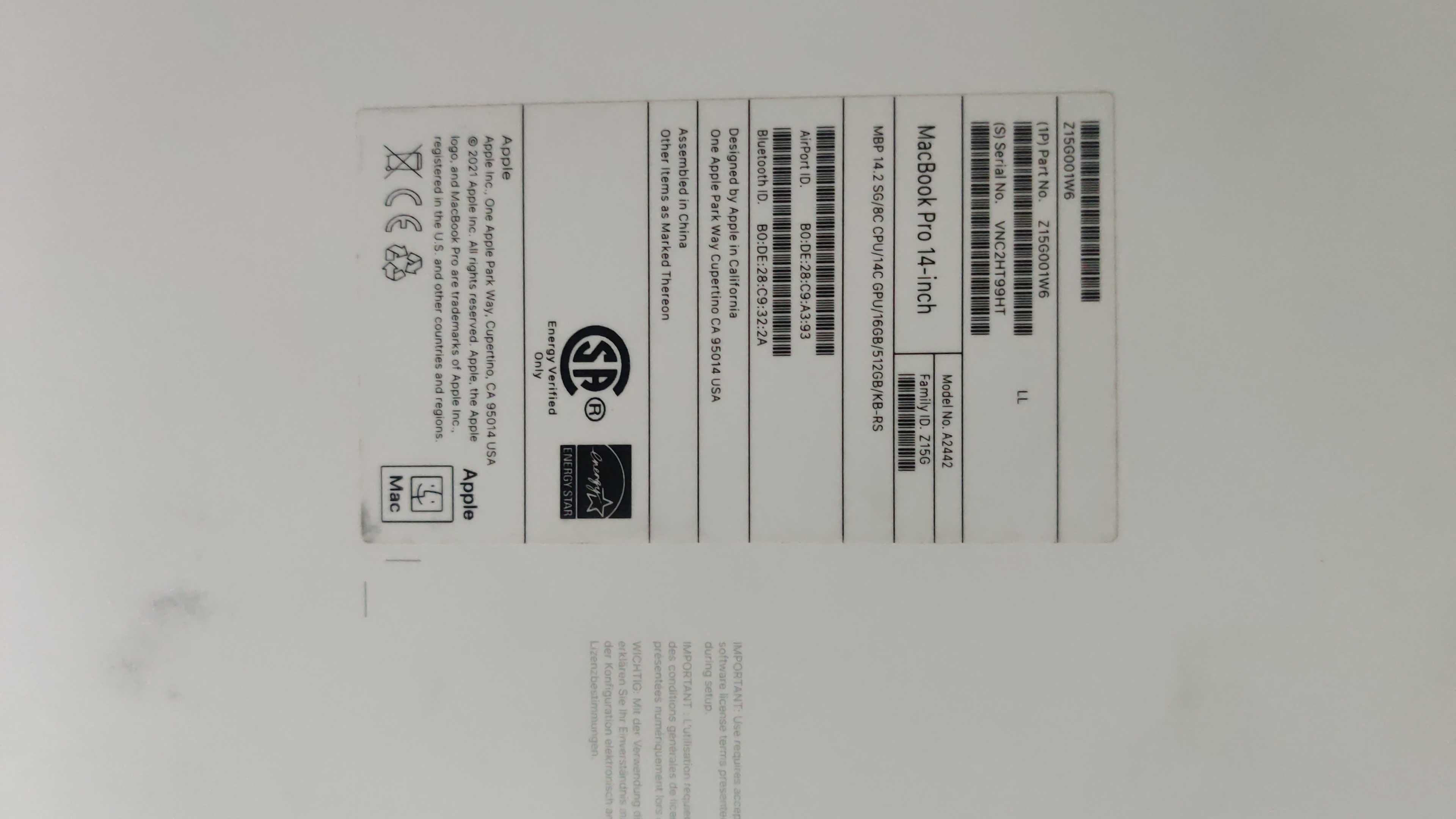 Apple MacBook M1 Pro 14" 2021 Space Gray 16Gb /512 A2442