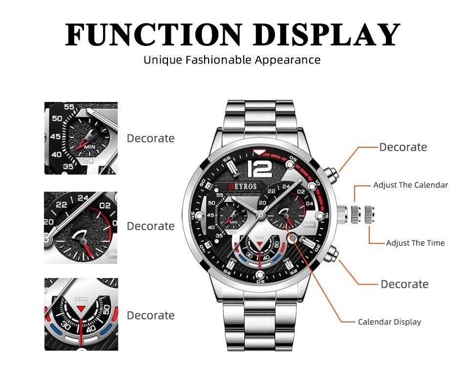 Modny zegarek męski luksusowy z  kalendarzem bransoleta metalowa