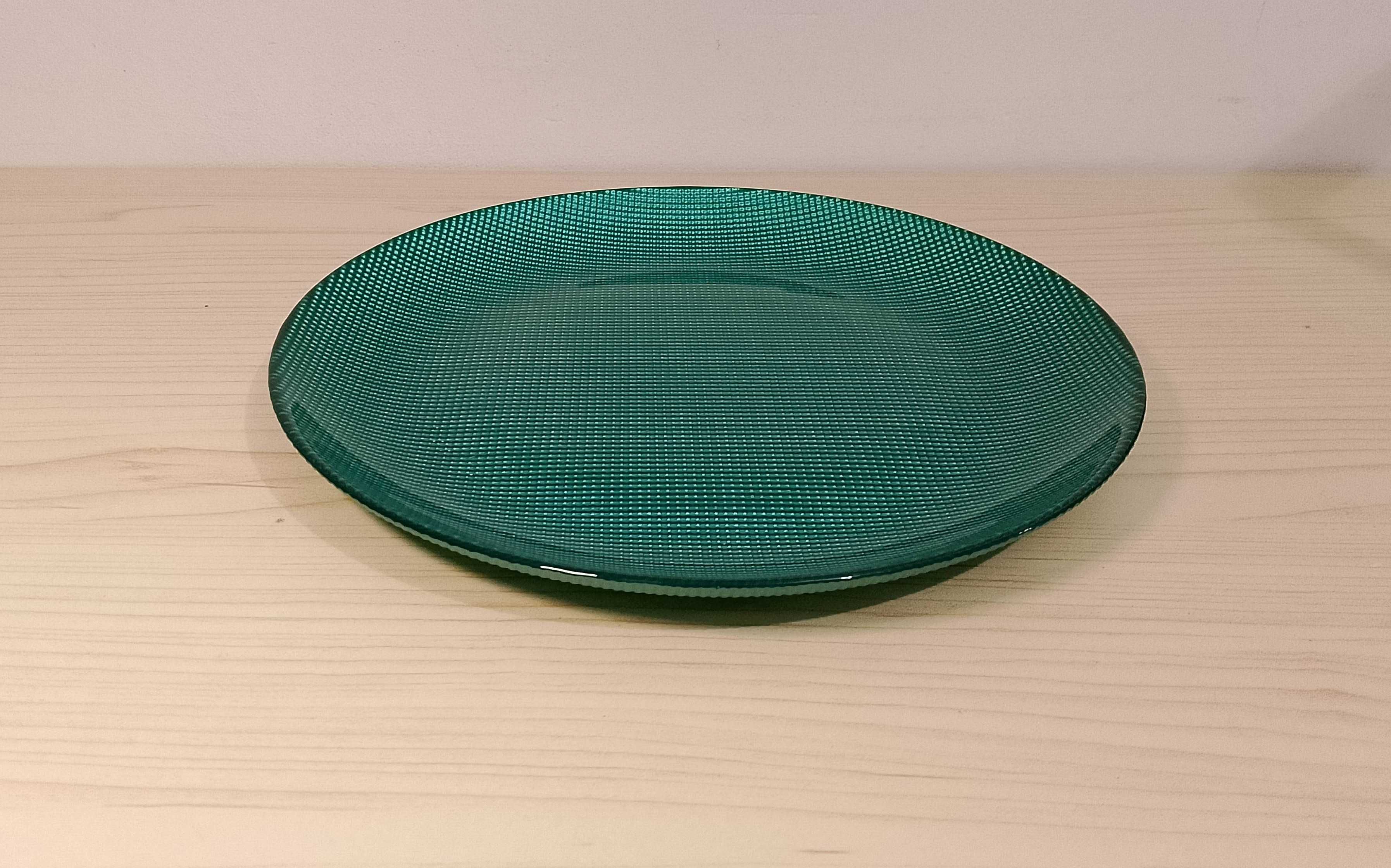 Piękny szklany talerz zielony/turkusowy, śr. 25 cm.