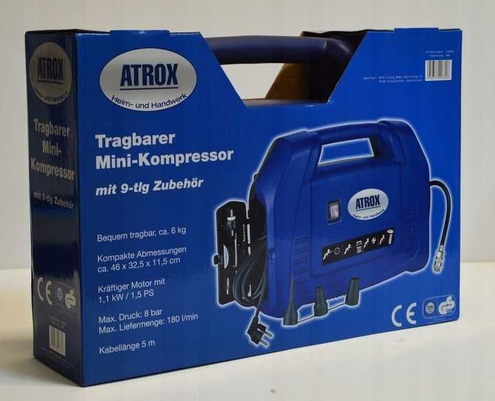 Kompresor Turystyczny ATROX 230V 1.1kW BEZOLEJOWY 8BAR 180L + końcówki