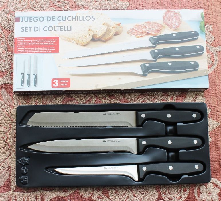 Conjunto de 3 facas com lâmina em aço fino e cabo ergonómico (NOVO)