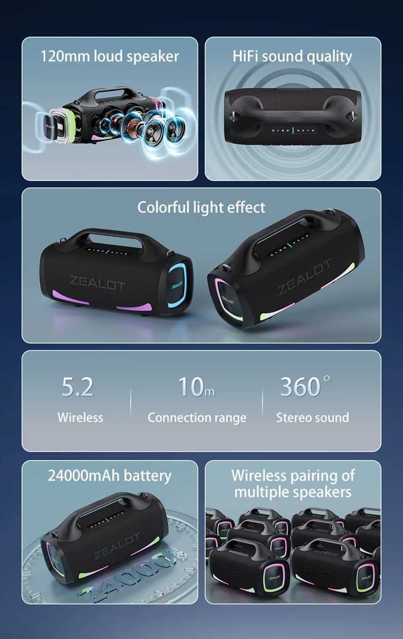 ZEALOT S79 Zewnętrzny głośnik Bluetooth 100W - 24000mAh - Nowy